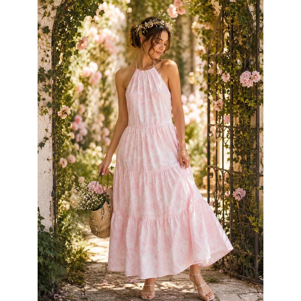 Crown and Ivy Pink Halter Maxi Dress Cottagecore Spring Garden Party Size L
